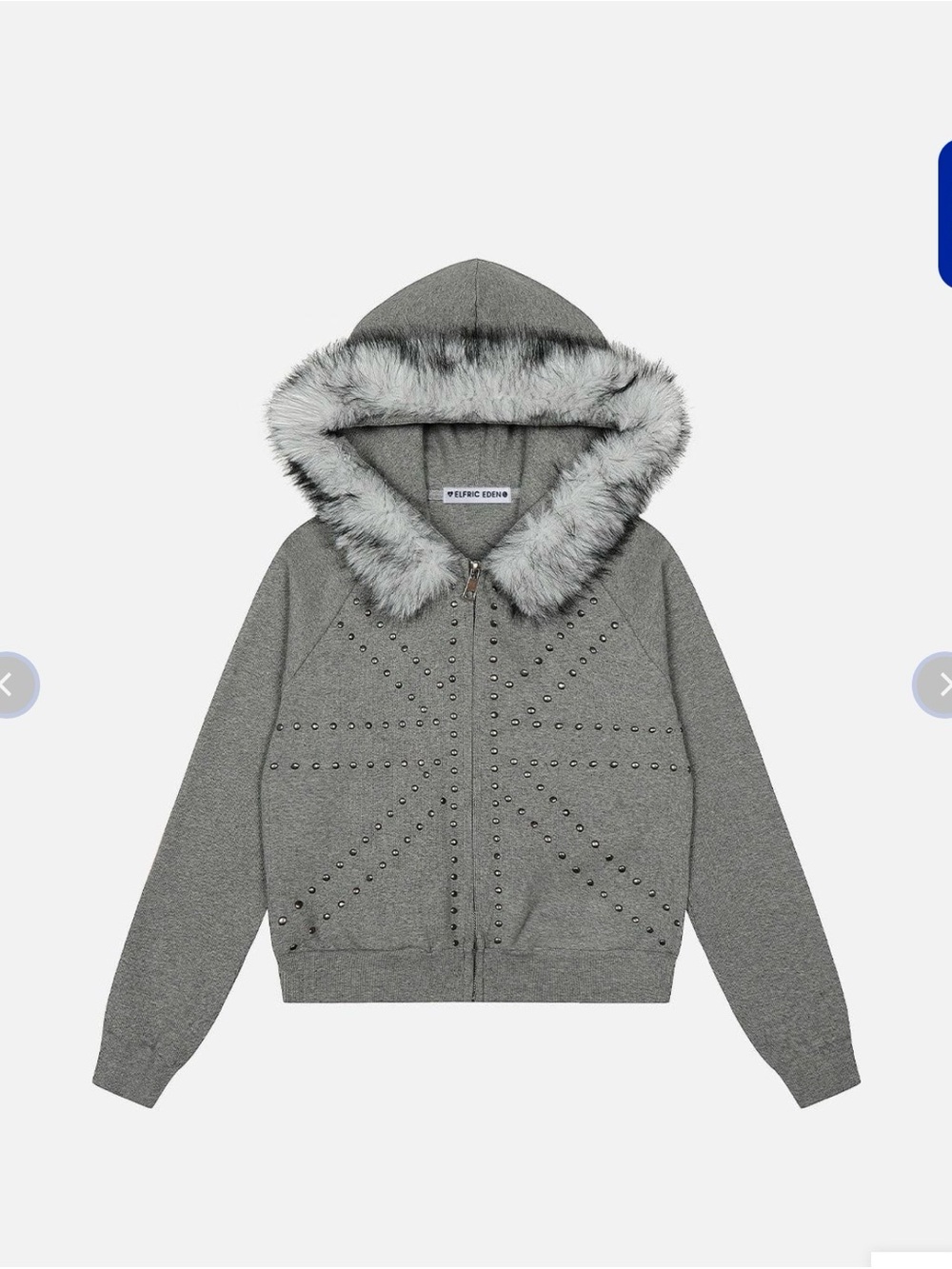 Grey Faux-Fur Hood Studded Zip Jacket